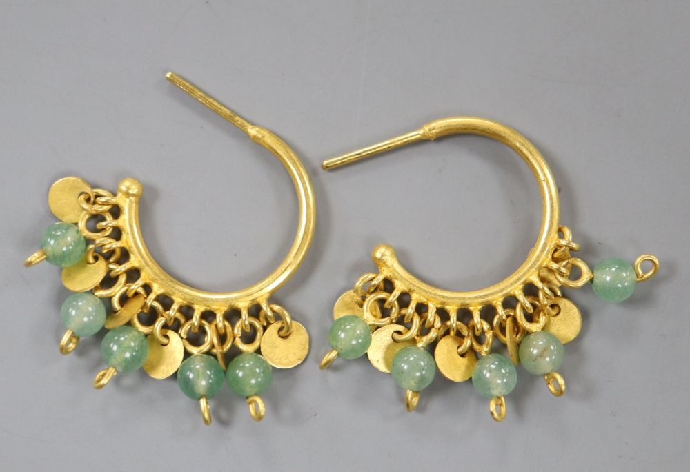 A pair of Indian? yellow metal and green hardstone bead half hoop drop earrings, 28mm, gross 8.4 grams.